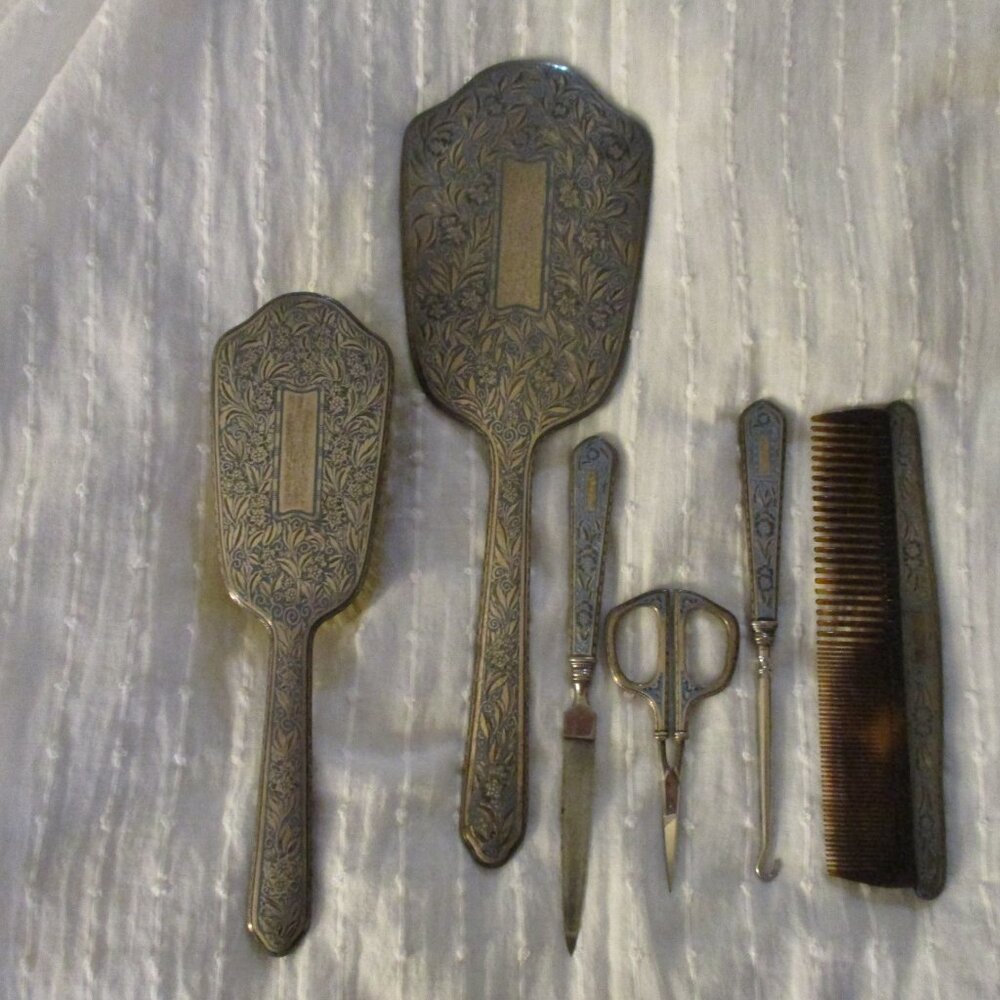 Vintage 1920s sterling 6 piece vanity/dresser set - Picture 2 of 11